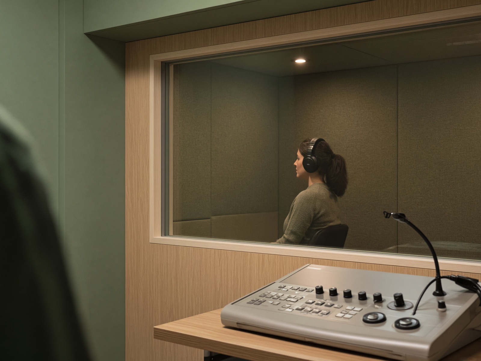 Diagnostic audiology booth with headphones and console
