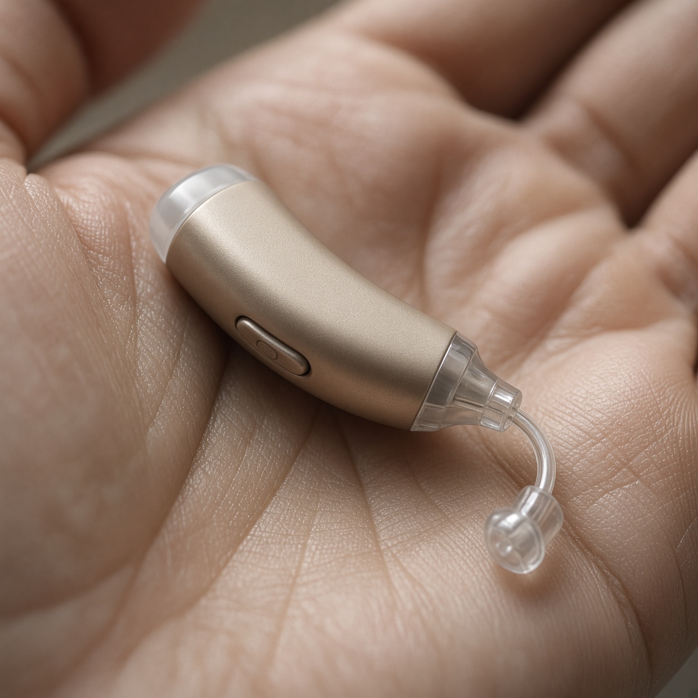 A modern receiver-in-canal hearing aid in a patient's hand